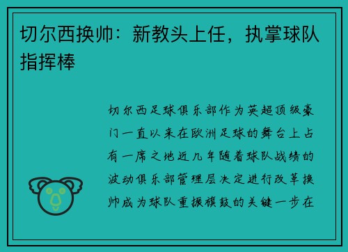 切尔西换帅：新教头上任，执掌球队指挥棒