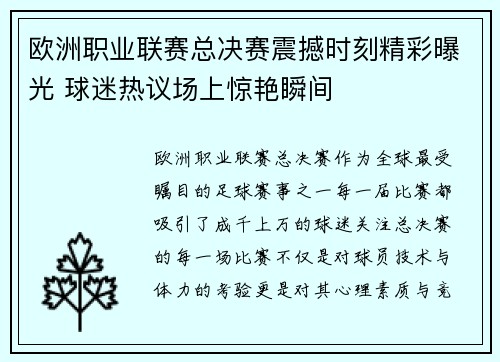 欧洲职业联赛总决赛震撼时刻精彩曝光 球迷热议场上惊艳瞬间